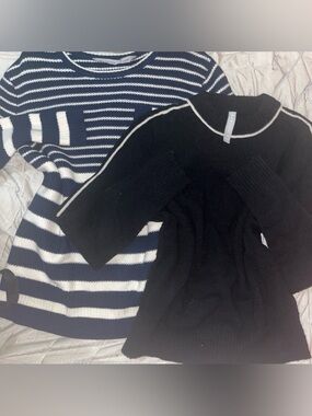 Athleta navy and black striped wool sweaters bundle.